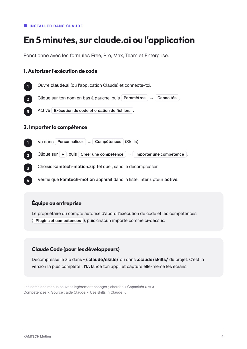 Page d'installation dans Claude